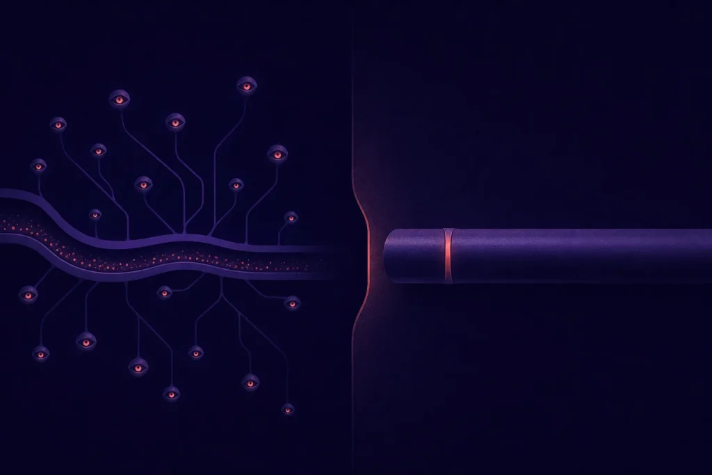 An open, watched channel contrasted with a single sealed conduit