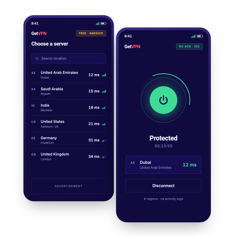 GetVPN on iOS and Android, showing the six server regions and their latency