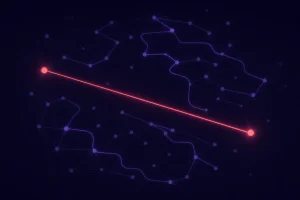 A direct routing path glowing among longer, congested network paths