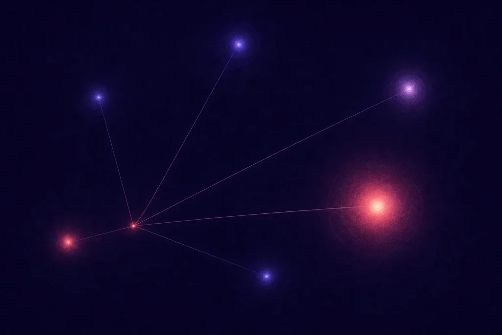 Six glowing regional hubs connected to a single origin point